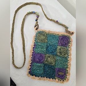 Cappelli Straworld Blue/Green/Purple/Beige Woven Straw Boho Crossbody Beaded Bag